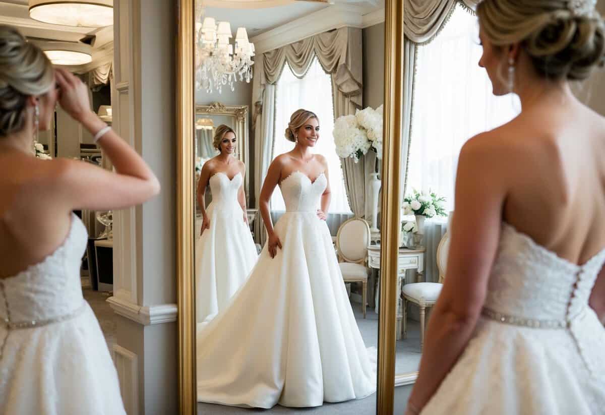 A bride admires herself in a full-length mirror, trying on a wedding dress in a luxurious bridal boutique with elegant decor and soft lighting