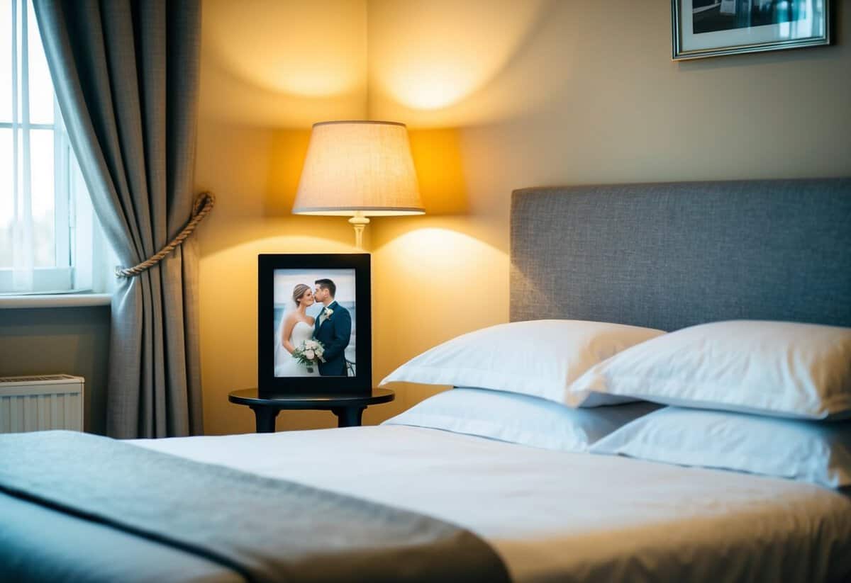 A cozy bedroom with a neatly made bed and a small table holding a framed photo of the bride and groom. A dim lamp casts a warm glow