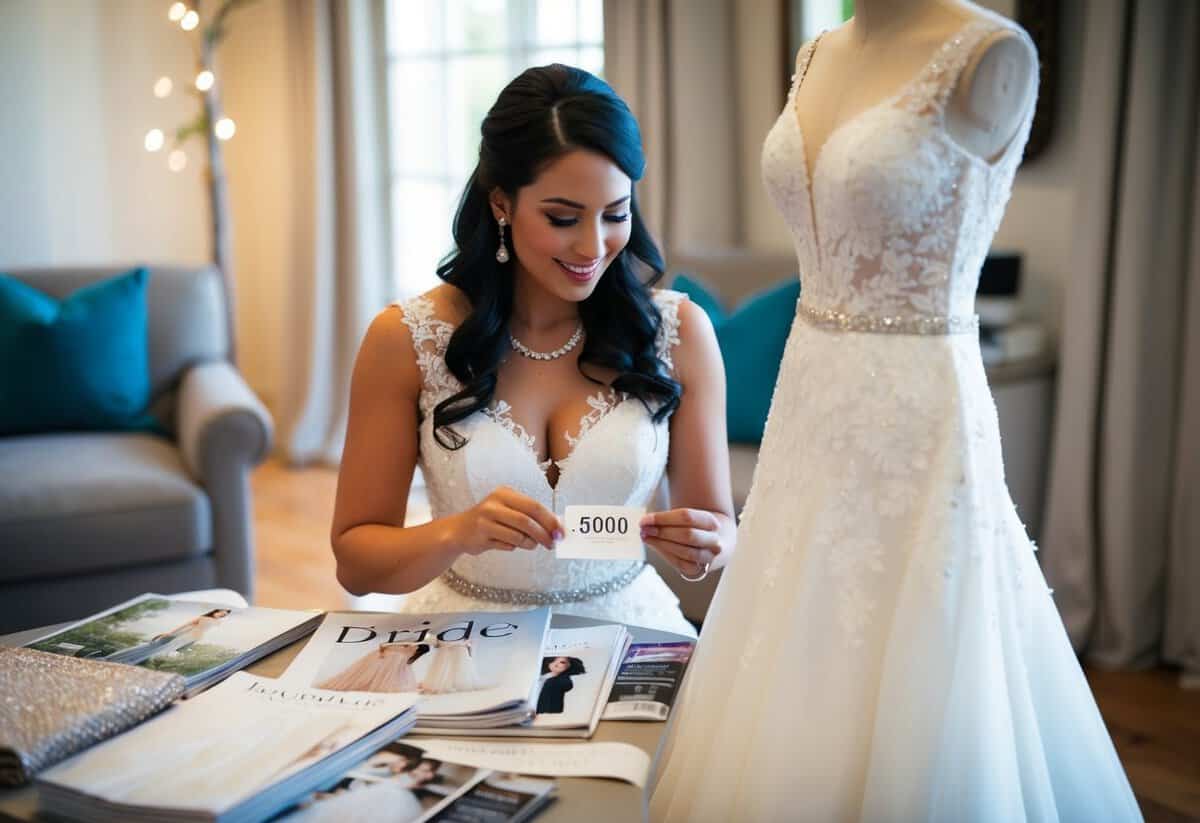A bride-to-be sits at a table, surrounded by bridal magazines and fabric swatches. She carefully examines a price tag on a designer wedding dress