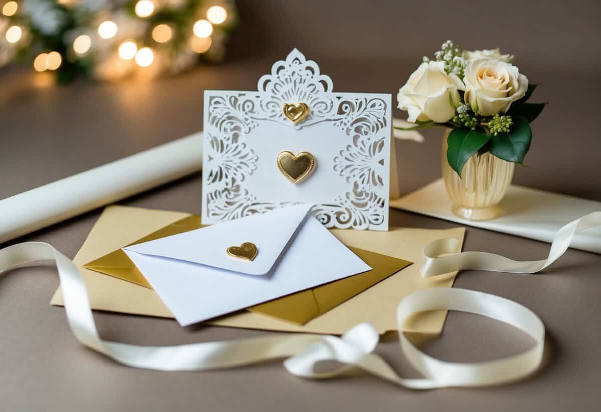 A decorative wedding card with an envelope containing cash or a gift card, surrounded by elegant wrapping paper and a ribbon