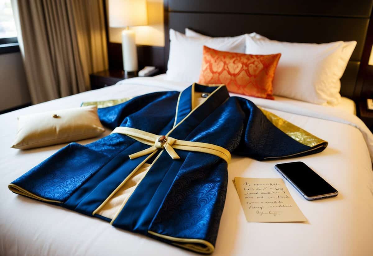A modern hotel room with a traditional wedding kimono laid out on the bed, alongside a sleek smartphone and a handwritten note