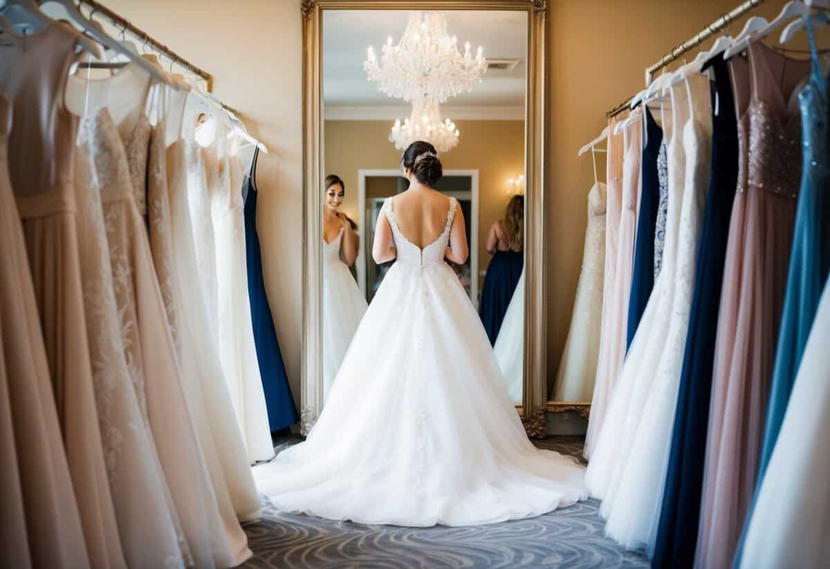 A bride standing in front of a full-length mirror, trying on a variety of wedding dresses in a luxurious bridal boutique