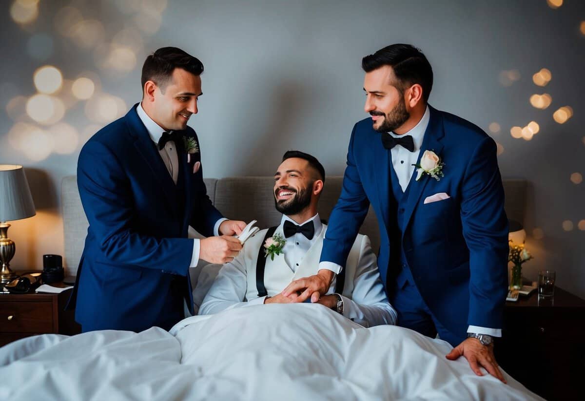 The groom's best man stays with him the night before the wedding, helping with last-minute preparations and offering support