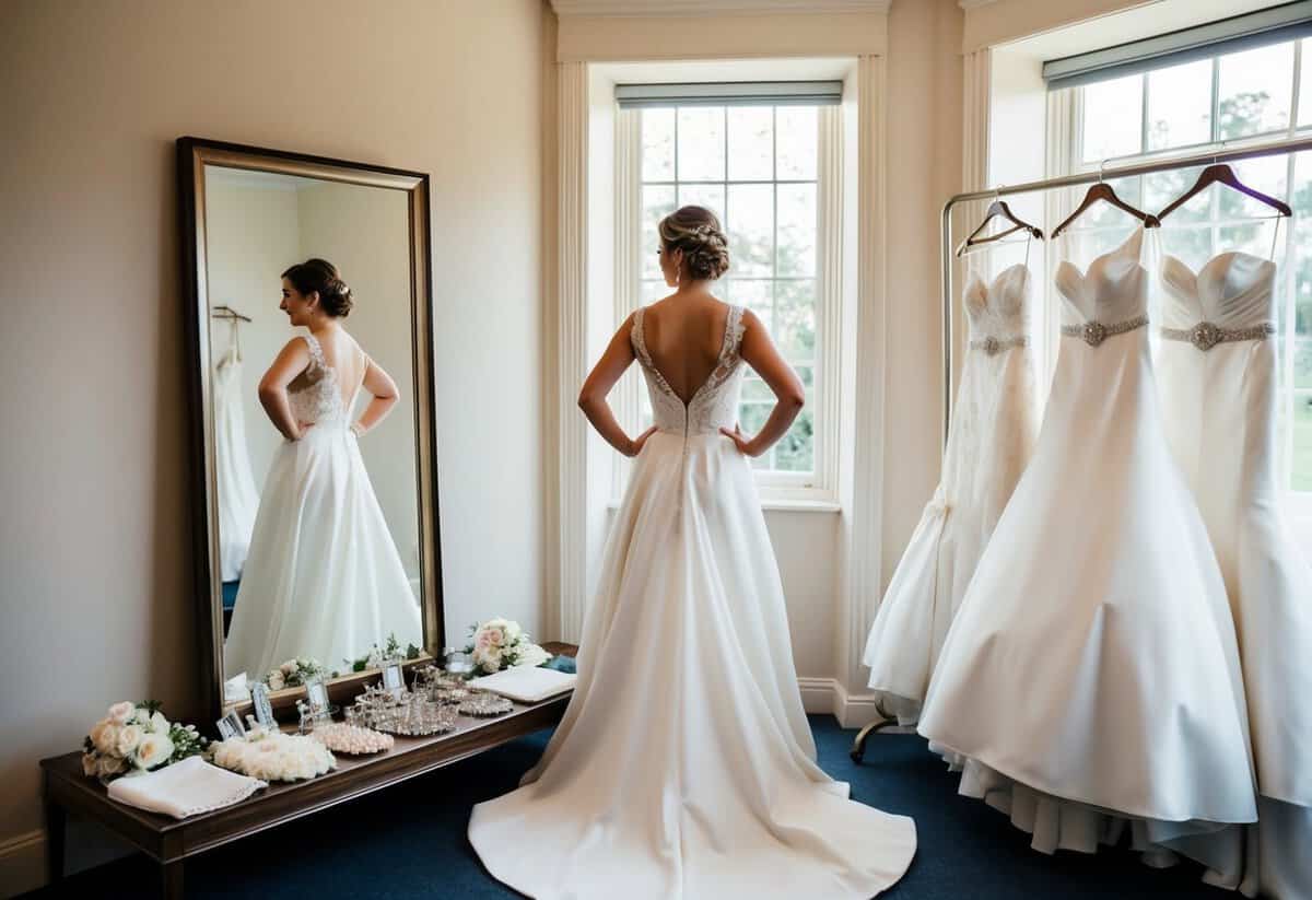 A bride standing in front of a full-length mirror, trying on different wedding dresses with a variety of accessories laid out on a nearby table