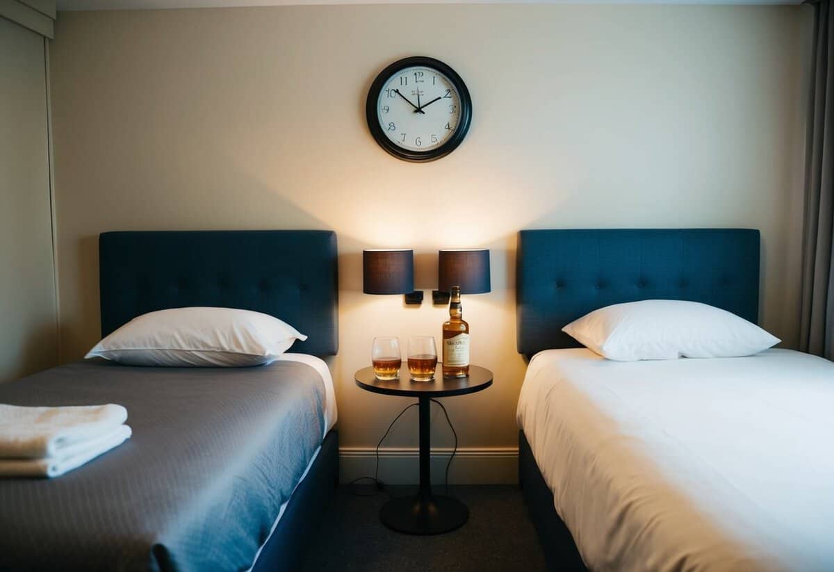 A cozy room with two beds, one neatly made and the other mussed. A small table with two glasses and a bottle of whiskey. A clock on the wall reads 11:30 pm