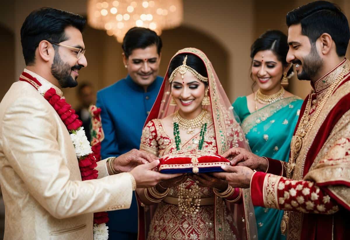 The groom's family presents the bride with a traditional gift of jewelry and a beautifully embroidered shawl