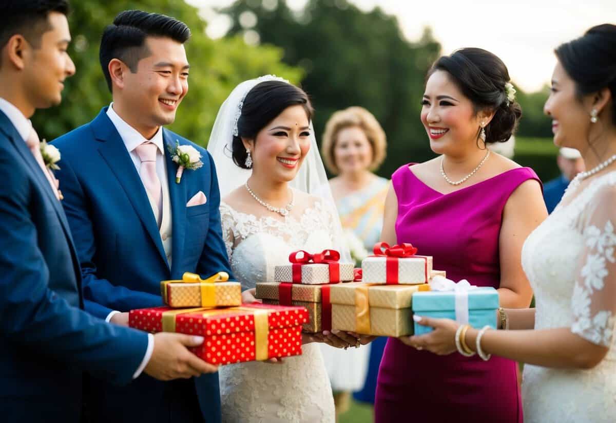 The groom's family presents gifts to the bride's family, symbolizing their willingness to support and care for her