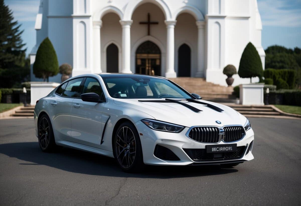 A sleek white car with ribbons on the hood pulls up to a grand church entrance