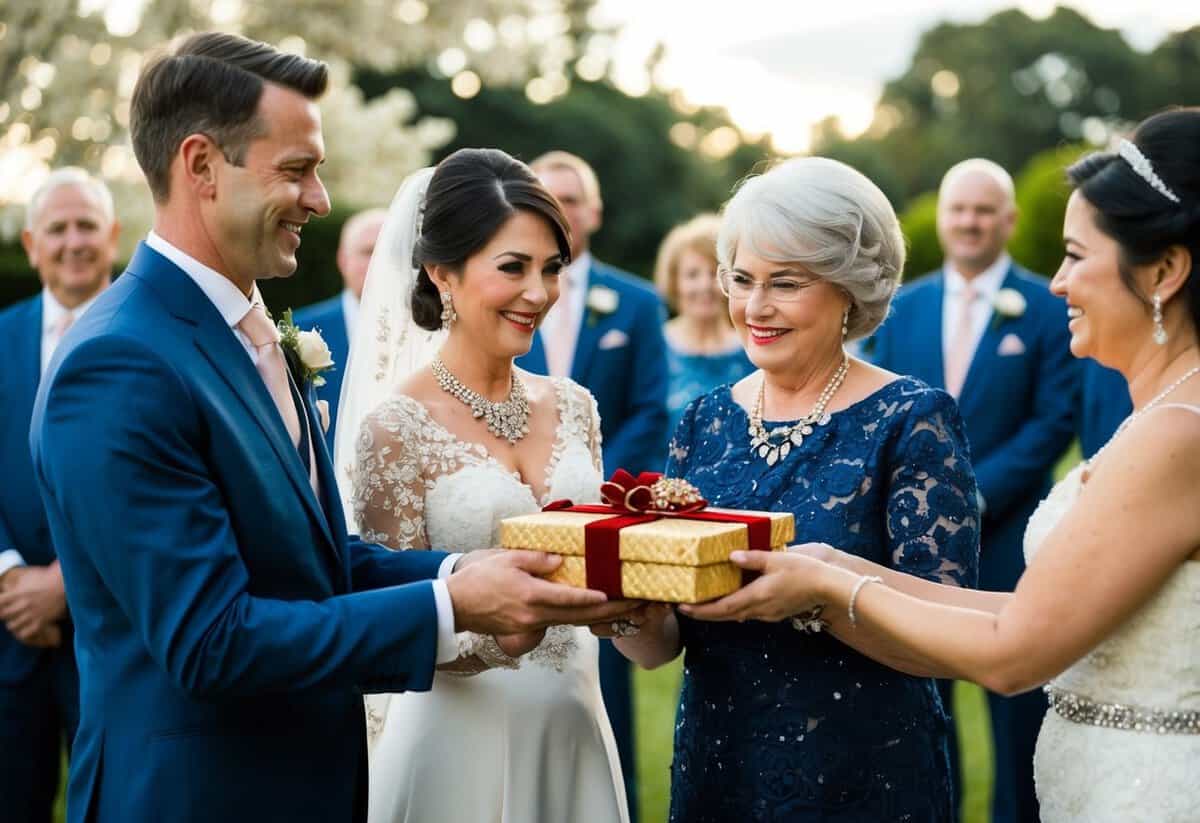The groom's family presents the bride with a traditional gift, such as jewelry or a special heirloom, during the hosting duties and special events