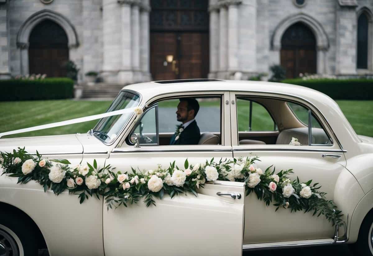 A vintage car adorned with flowers awaits in front of a grand church. The driver's door is open, ready for the chauffeur to usher the bride to her wedding