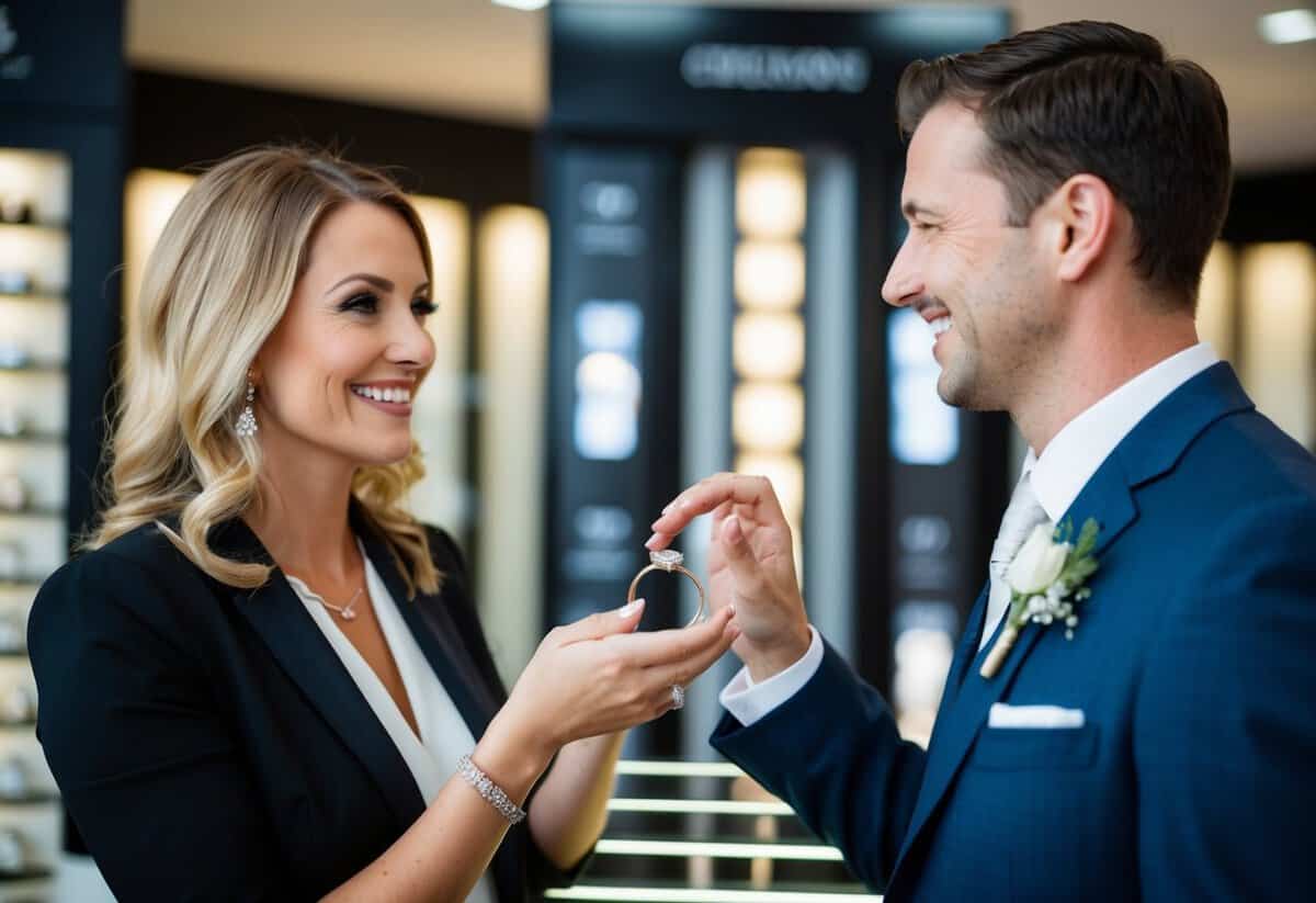 A woman holds out a ring to a man, who looks at it with a smile. They stand in front of a display of wedding bands