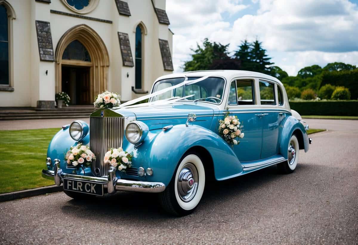 A vintage car parked outside a grand church, adorned with flowers and ribbons, ready to drive the bride to her wedding