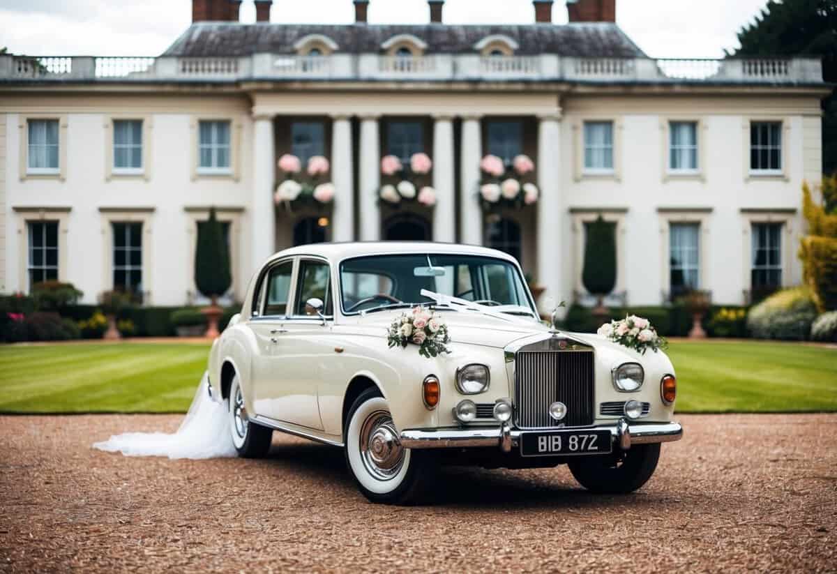 A vintage car waits outside a grand mansion, adorned with flowers and ribbons, ready to transport the bride to her wedding
