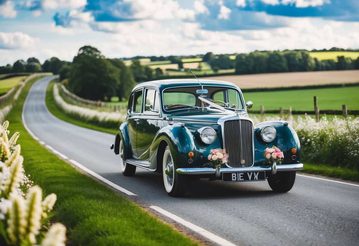 A vintage car drives through a scenic countryside, adorned with flowers, en route to a wedding venue