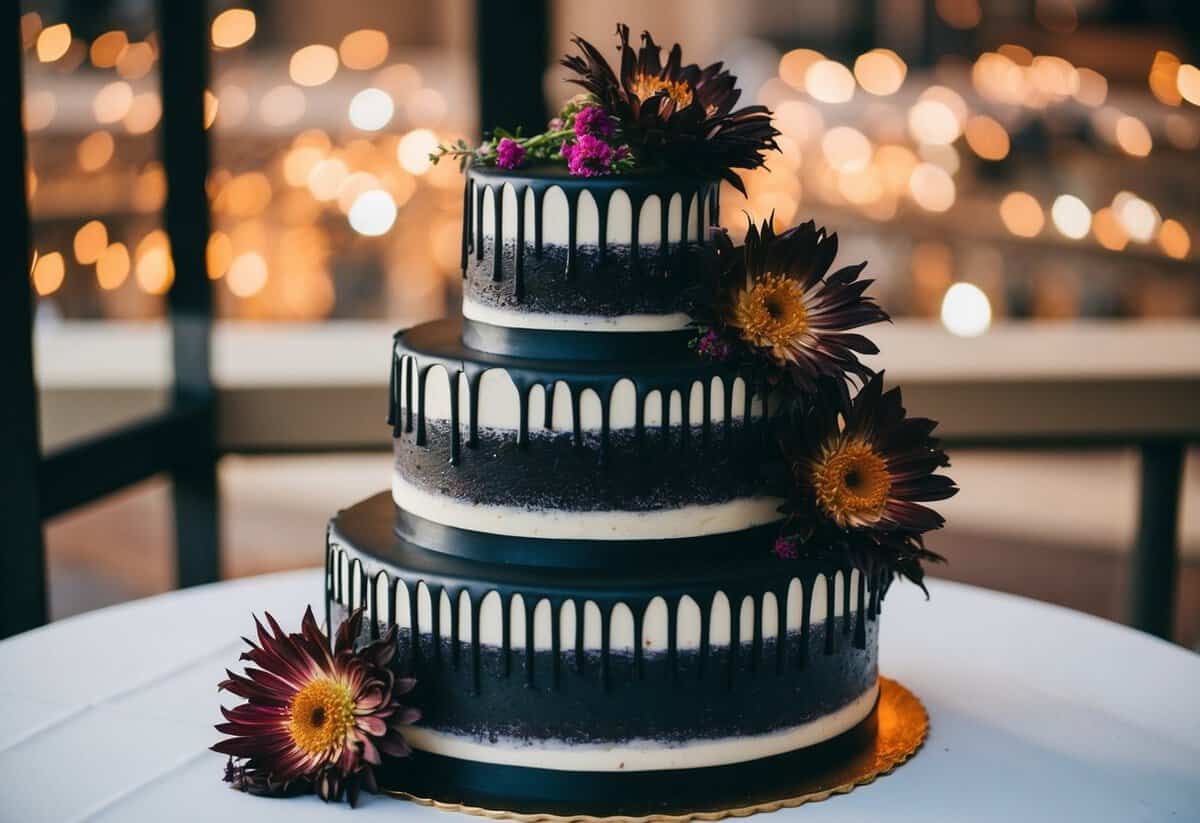 A wedding cake with black icing and wilted flowers