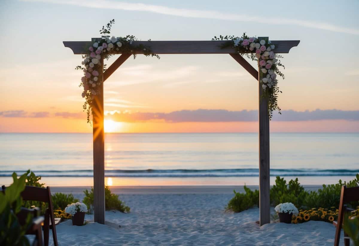 A serene beach at sunset with a simple wooden arch adorned with flowers, overlooking the calm ocean