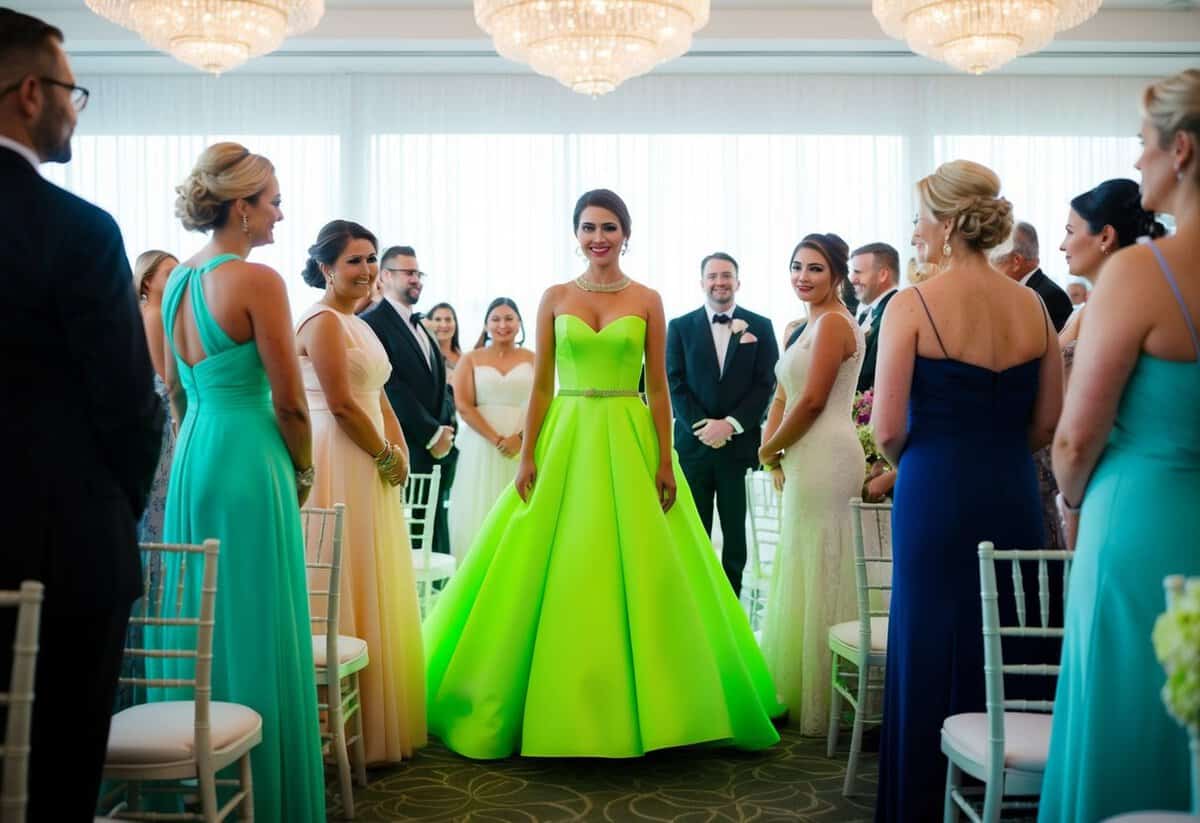 A bright neon green wedding dress stands out among the traditional white and pastel gowns, causing raised eyebrows from the guests