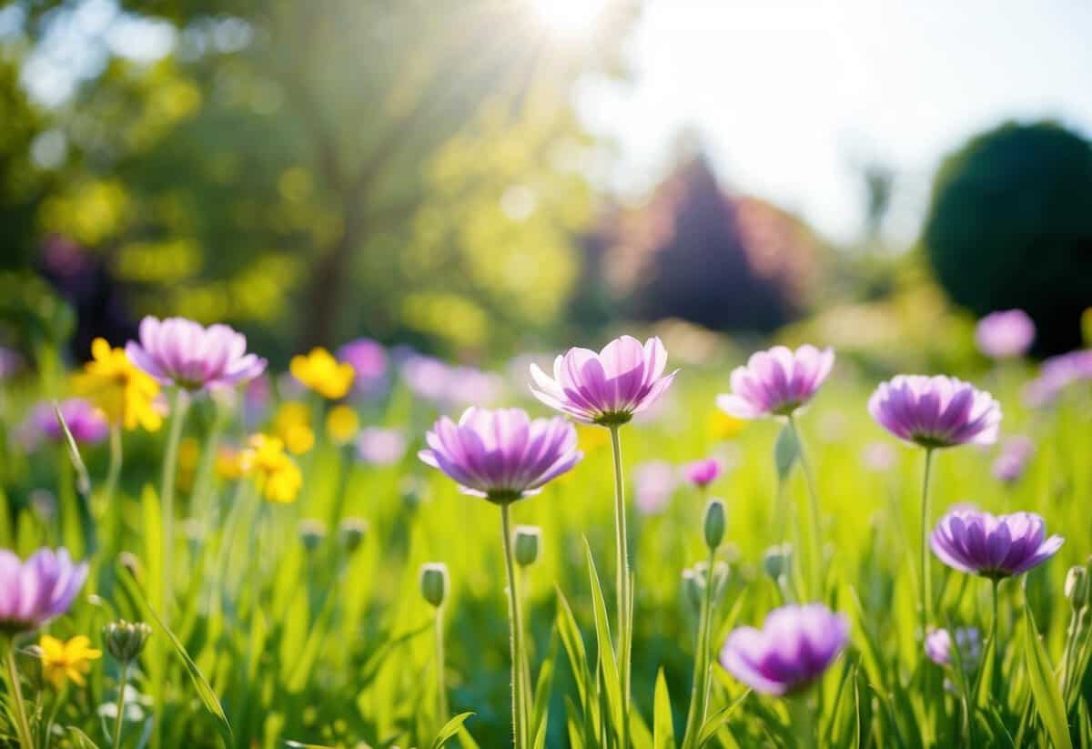 A serene, sunlit garden with vibrant flowers in full bloom, a gentle breeze carrying the scent of fresh grass and blossoms