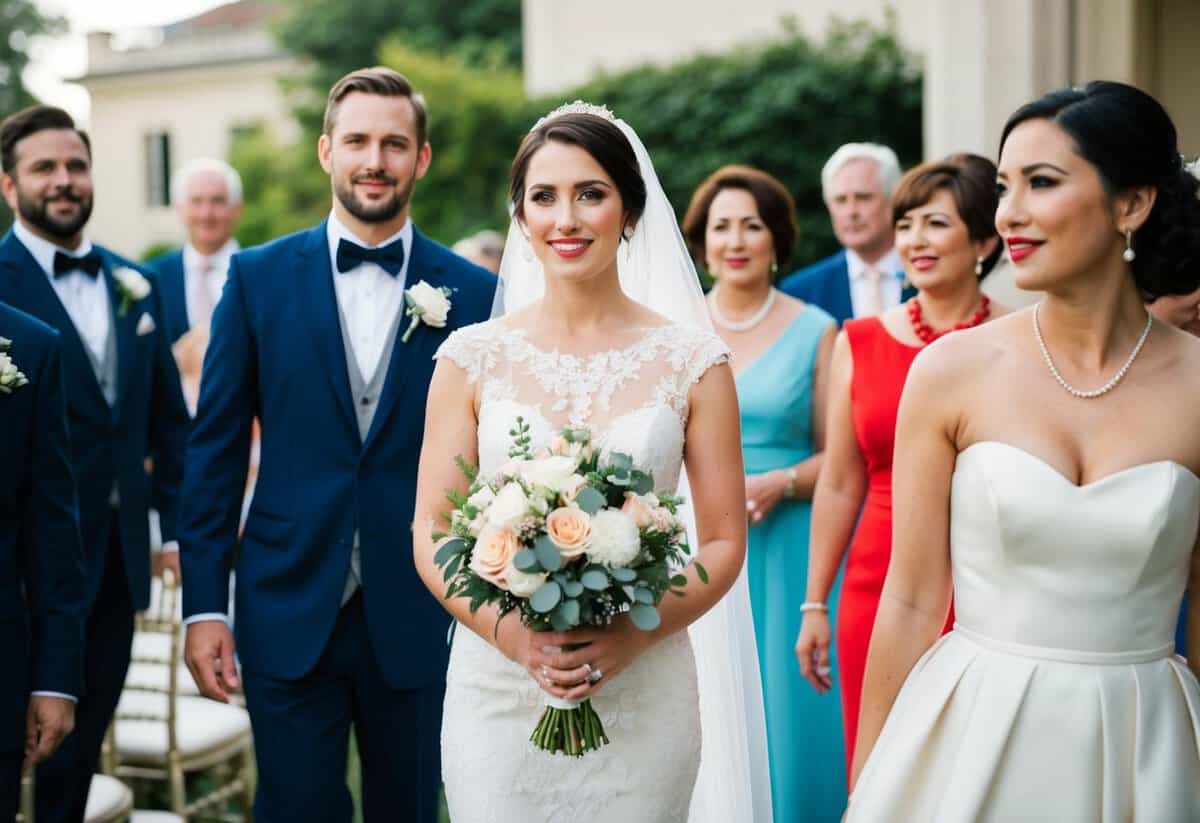 A wedding scene with a bride holding a bouquet, surrounded by guests in elegant attire. The color red is not appropriate