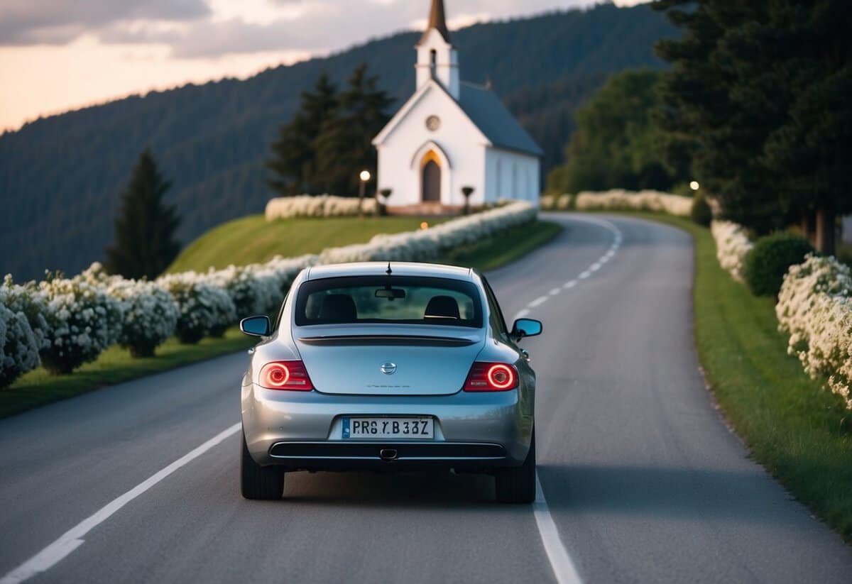 A car drives down a winding road, adorned with flowers, towards a quaint chapel