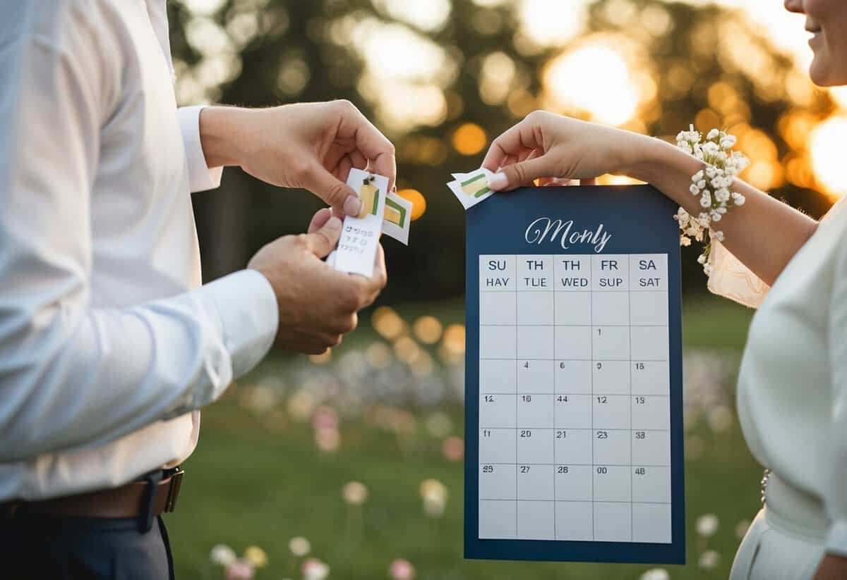 A couple comparing calendar months with price tags for wedding planning