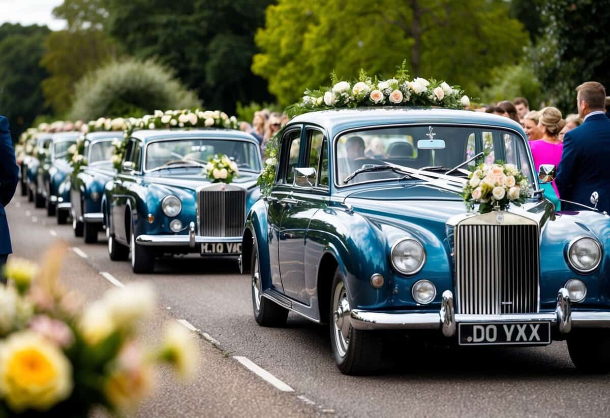 A vintage car leads a procession of vehicles adorned with flowers, transporting the bridal party to the ceremony