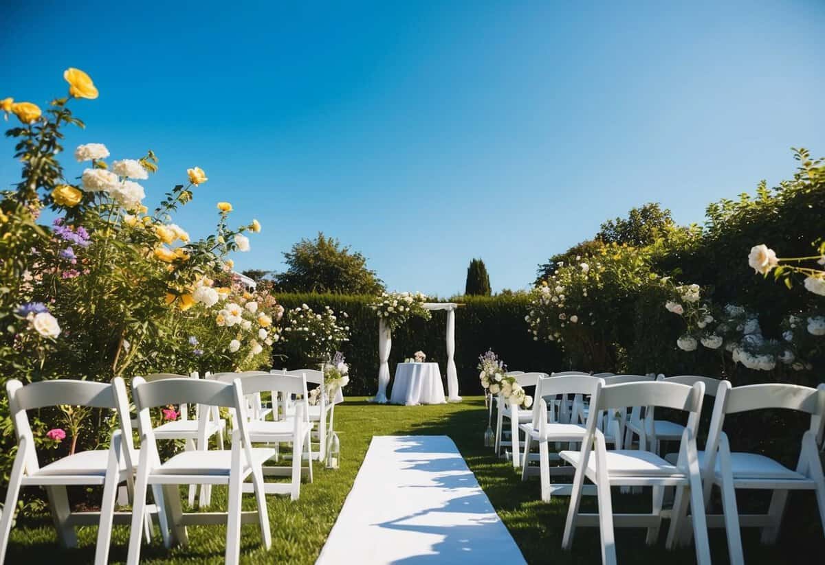 A sunny outdoor wedding in a garden with blooming flowers and a clear blue sky. The setting is simple yet elegant, with minimal decorations and a small guest list
