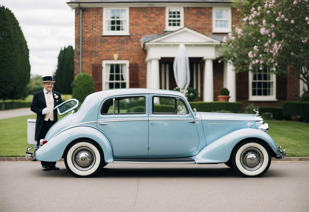 A vintage car parked outside a bride's house, chauffeur holding open door