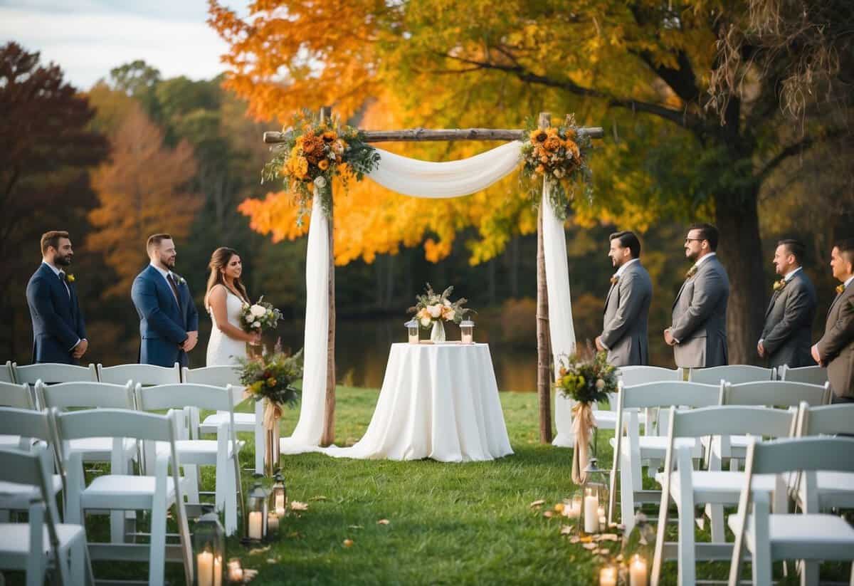 A simple outdoor wedding ceremony in a rustic setting during the month of September, with colorful fall foliage and a budget-friendly decor