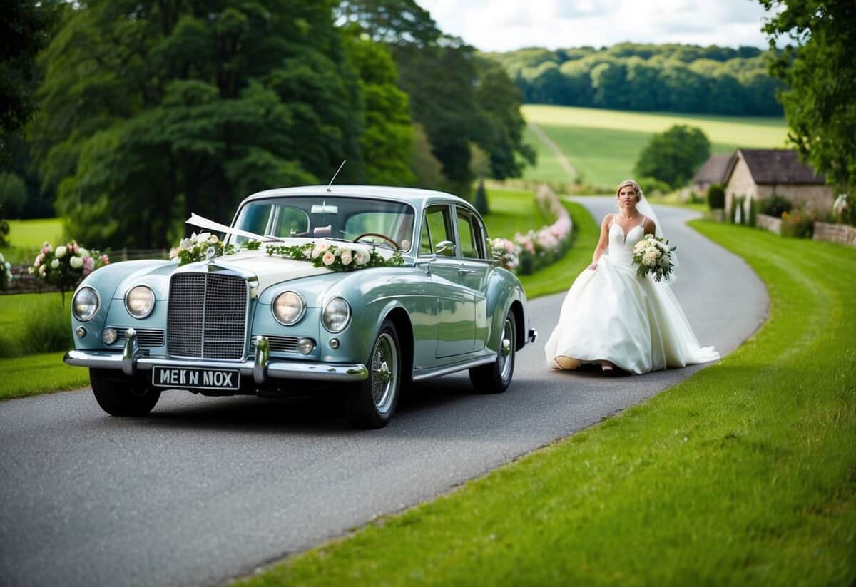 A vintage car winds through lush countryside, adorned with flowers and ribbons, carrying the bride to her reception venue