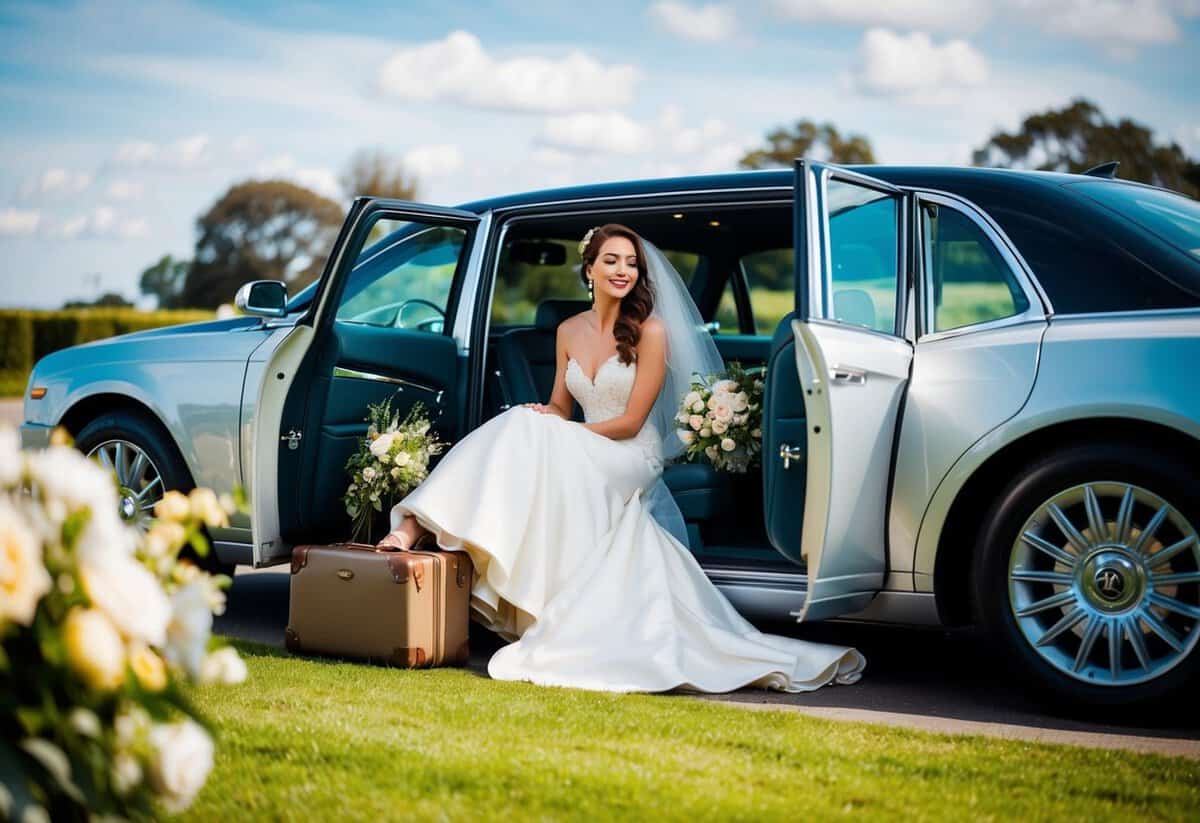 A woman in a flowing white gown sits in a luxurious car, surrounded by suitcases and flowers, as she travels to her wedding venue