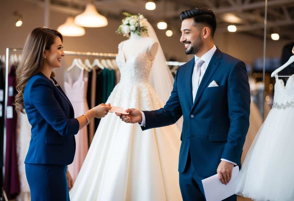A woman handing over a check to a vendor with a wedding dress on display