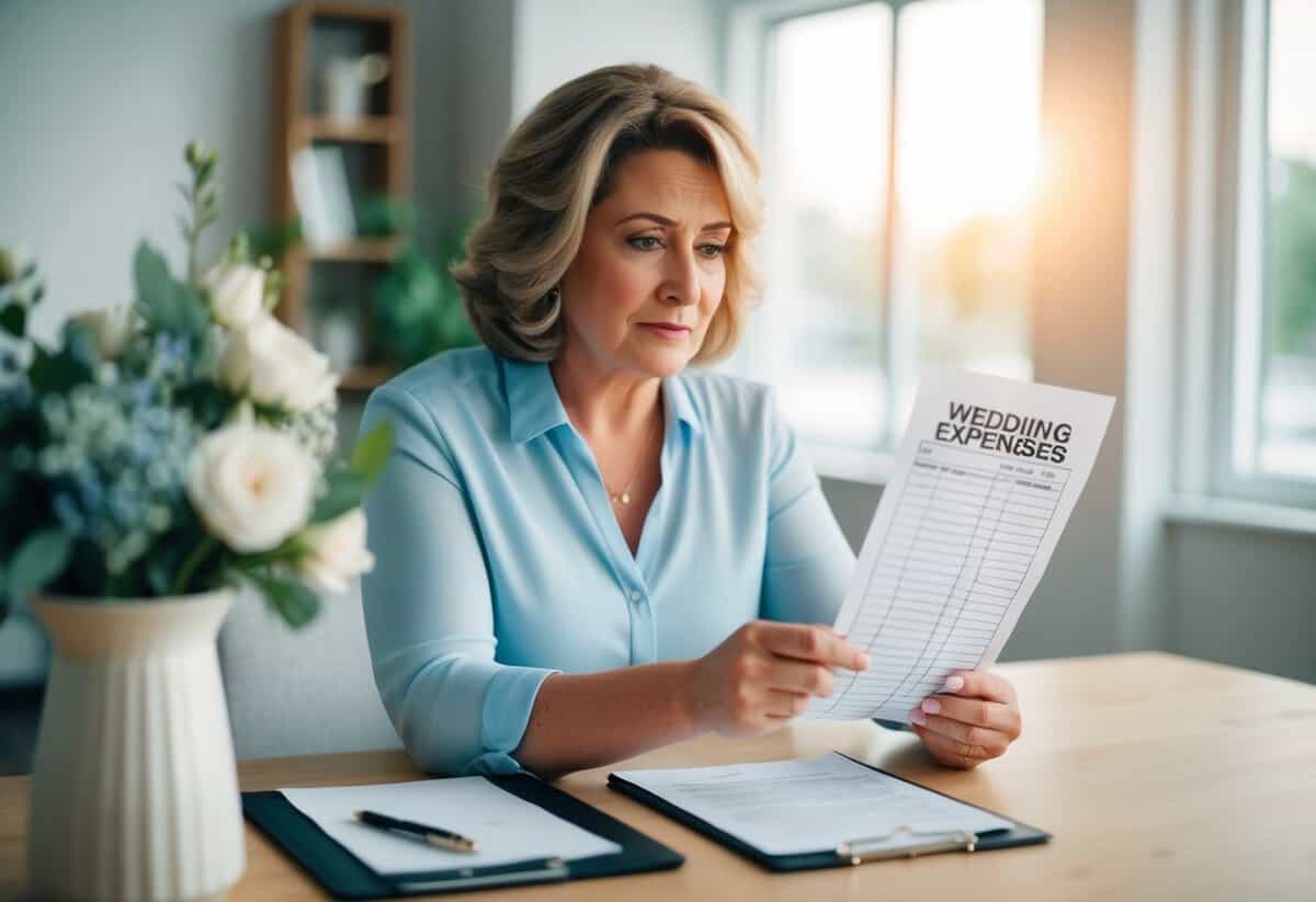 A mother reviewing a detailed list of wedding expenses with a concerned expression