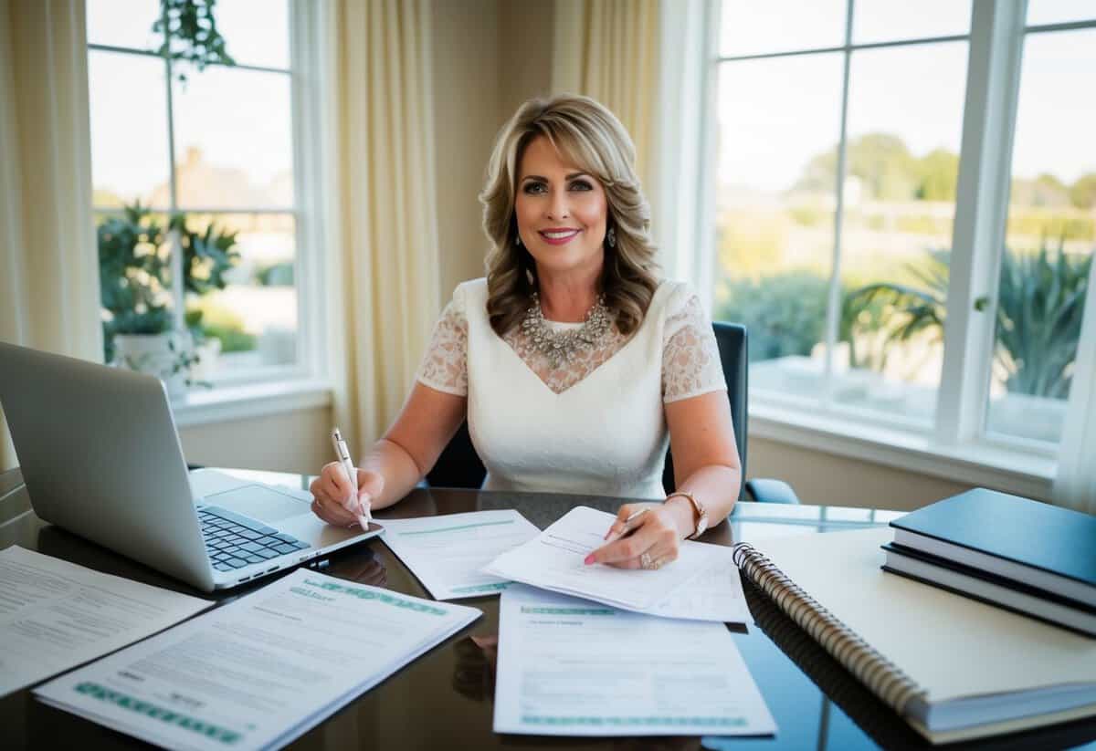 A mother of the bride sits at a desk, surrounded by wedding planning books and a laptop. She is writing out checks and reviewing contracts for logistical and planning support services