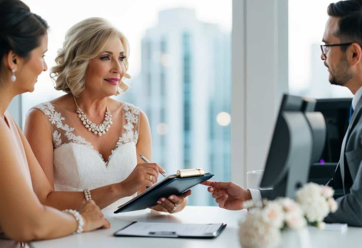 A mother of the bride holding a checkbook and discussing wedding expenses with a vendor