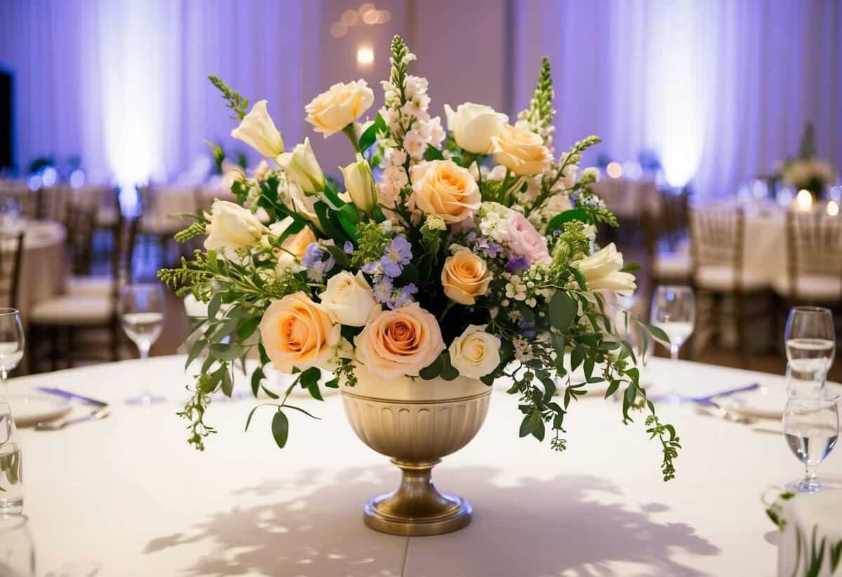 A beautiful bouquet of flowers arranged in an elegant vase on a table at a wedding reception