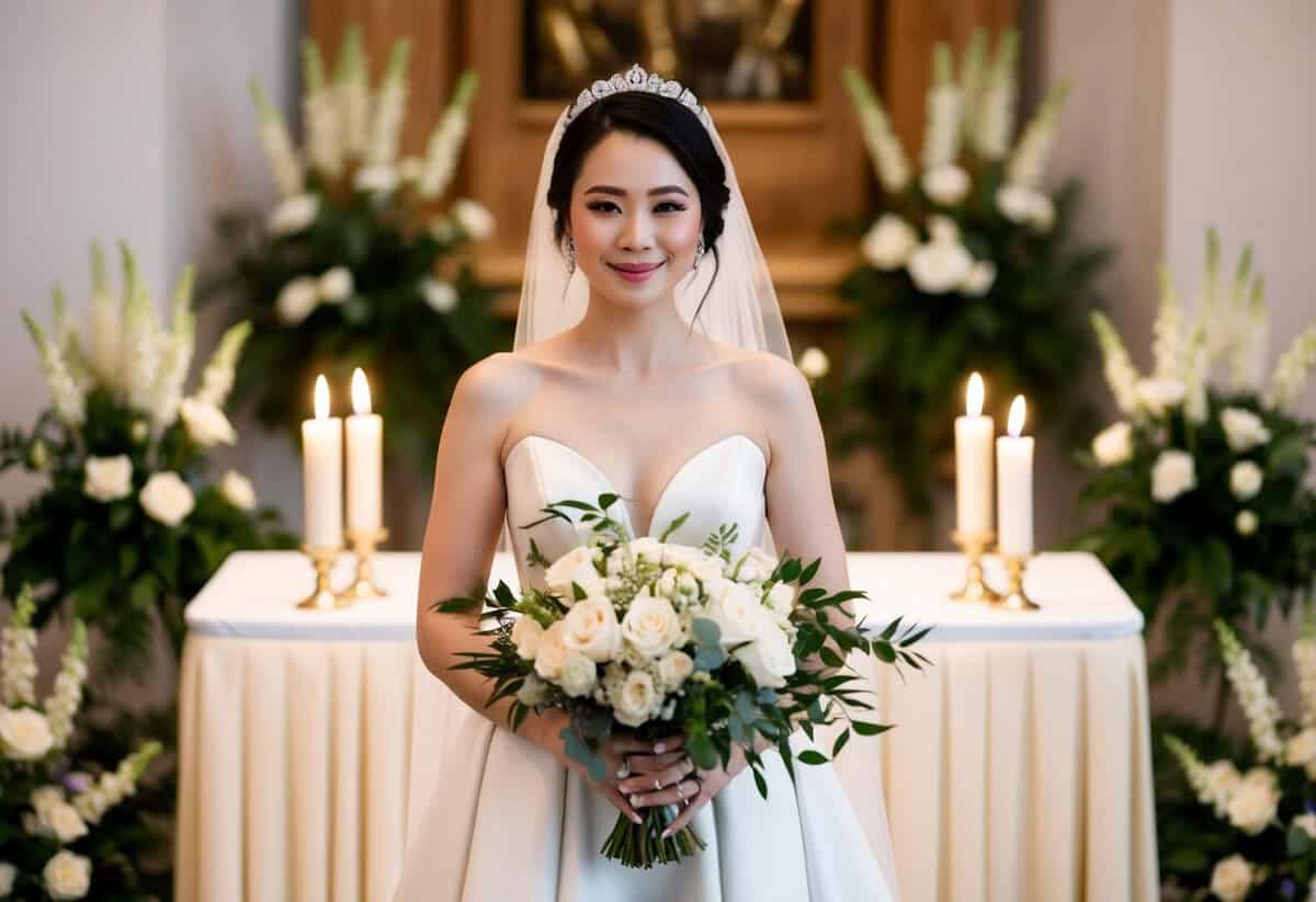 A woman in an elegant gown, holding a bouquet, stands at the altar with a serene smile, surrounded by flowers and candles
