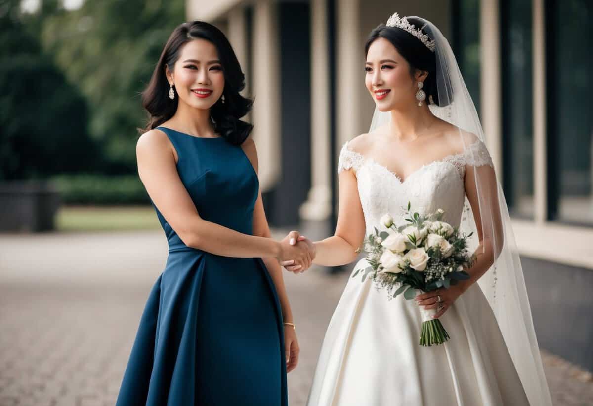 A confident woman in a modern gown stands beside a bride in a traditional dress, holding a bouquet and exuding grace and elegance