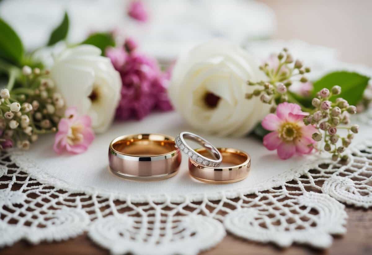 A family of two sets of wedding rings, one larger and one smaller, placed side by side on a table, surrounded by delicate flowers and a lace tablecloth