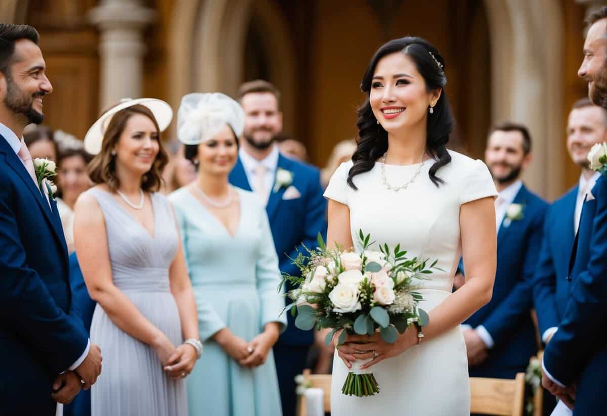 A woman in a formal dress stands at the front of a wedding ceremony, holding a bouquet and smiling as she watches the couple exchange vows
