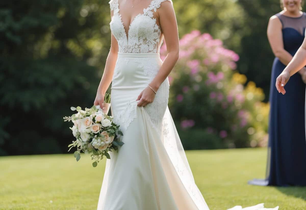 A best lady at a wedding wearing a floor-length, elegant gown, adorned with delicate lace and a subtle train, holding a bouquet of fresh flowers