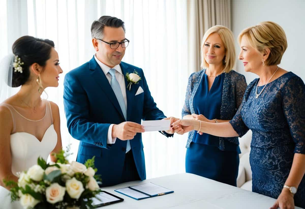 A father handing over a check to a wedding planner while the mother looks on, discussing financial responsibilities for the bride's wedding