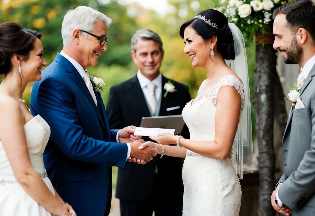 A bride's parents handing over a check to a wedding planner, while the couple looks on