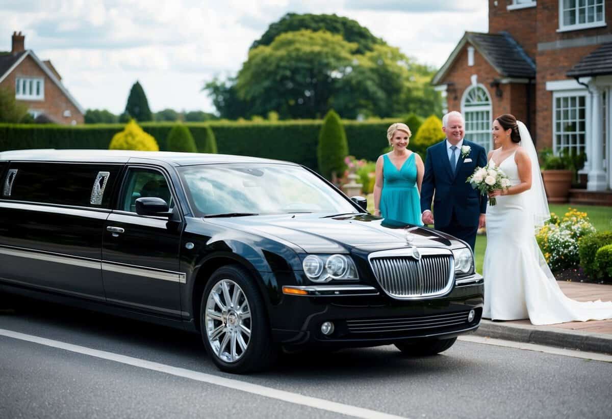 A sleek black limousine pulls up to the curb outside the bride's home, ready to transport the mother to the wedding venue