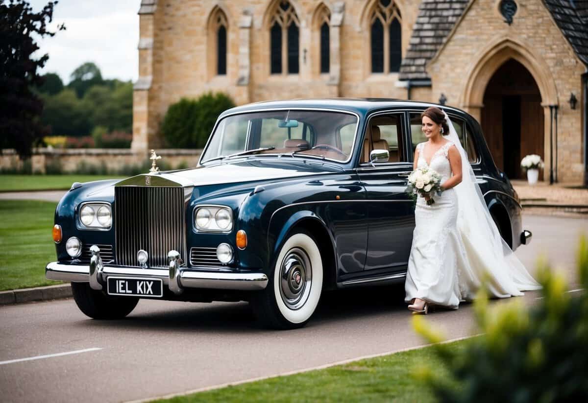 A vintage Rolls Royce pulls up to the church, with the mother of the bride stepping out in her elegant gown
