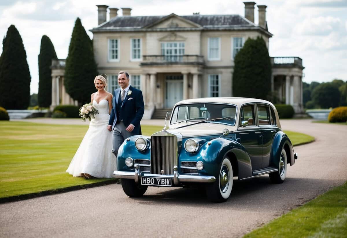 A vintage car with a chauffeur pulls up to a grand mansion, where the mother of the bride steps out in her elegant gown