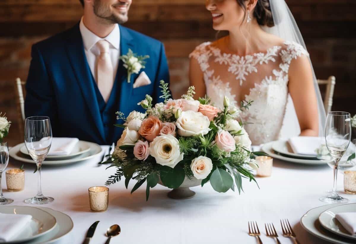 A floral centerpiece sits between the bride and groom at a beautifully set wedding table