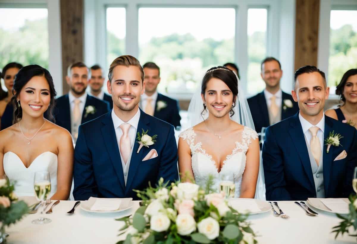 The bride and groom are seated at the center of the head table, with their key wedding party members seated on either side