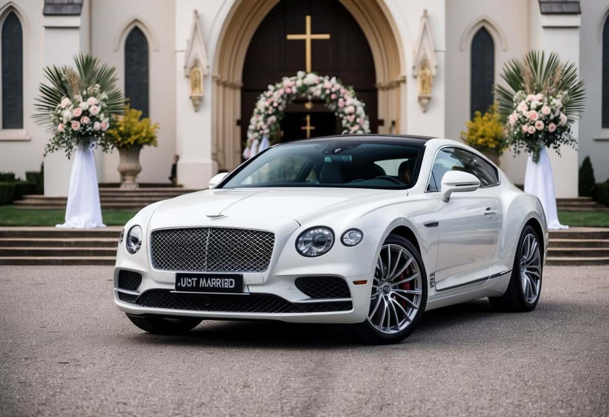 A sleek, white luxury car parked in front of a grand church with floral decorations and a "Just Married" sign on the back