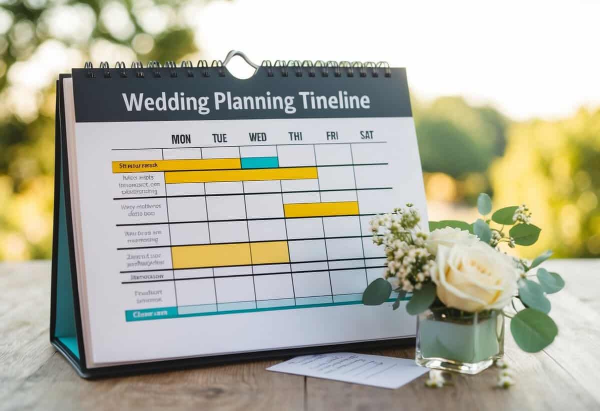 A calendar with wedding planning timeline, including tasks and deadlines